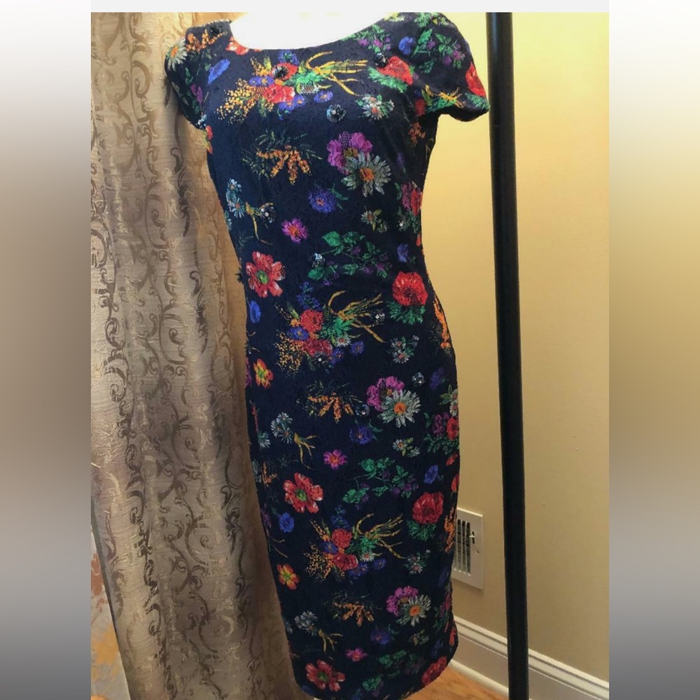 LIKE NEW Badgley Mischka Navy Floral Dress sz 2